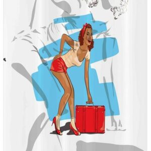 Abakuhaus Duschvorhang "Badezimmer Deko Set aus Stoff mit Haken" Breite 120 cm, Höhe 180 cm, Weinlese-Frau Mädchen und Koffer