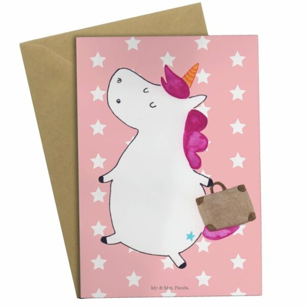 Mr. & Mrs. Panda Grußkarte "Einhorn Koffer - Rot Pastell - Geschenk, Einladungskarte, Einhorn Deko, unicorn, Hochzeitskarte, Reise, Einhörner, Klappkarte, lustig, Unicorn"