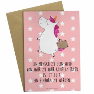 Mr. & Mrs. Panda Grußkarte "Einhorn Koffer - Rot Pastell - Geschenk, Geburtstagskarte, Gepäck, Hochzeitskarte, Einhorn Deko, Glückwunschkarte, Klappkarte, Einhörner, Abenteuer"