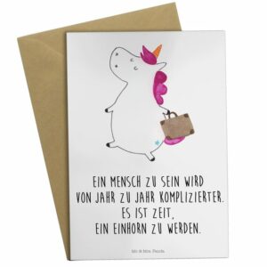 Mr. & Mrs. Panda Grußkarte "Einhorn Koffer - Weiß - Geschenk, Einhorn Deko, Pegasus, Gepäck, Klappkarte, Unicorn, Geburtstagskarte, Kind, Einladungskarte, Spaß, Erwachsen"