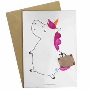 Mr. & Mrs. Panda Grußkarte "Einhorn Koffer - Weiß - Geschenk, Kind, Hochzeitskarte, Reise, Geburtstagskarte, Einladungskarte, Unicorn, Pegasus, Klappkarte, Einhörner, witzig"