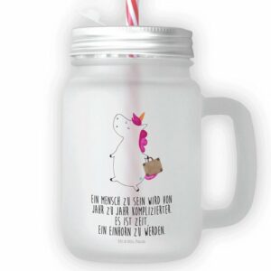 Mr. & Mrs. Panda Longdrinkglas "Einhorn Koffer - Transparent - Geschenk, Kind, Einmachglas, Trinkglas, witzig, Unicorn, Einhorn Deko, unicorn, Einhörner, Cocktailglas, Strohhalm", Premium Glas