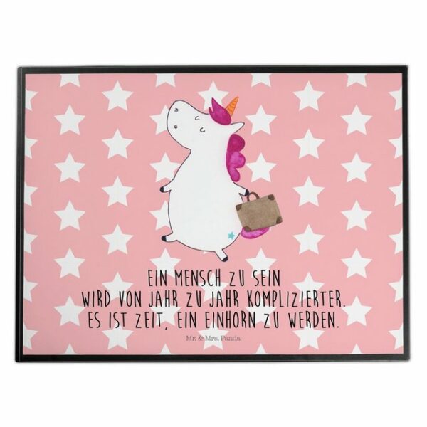 Mr. & Mrs. Panda Schreibtischunterlage "Einhorn Koffer - Rot Pastell - Geschenk, Pegasus, Kind, Einhorn Deko, Schreibwaren, Schreibtischauflage, Büroartikel, Einhörner, Gepäck, unicorn", (1 tlg)