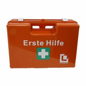Erste-Hilfe-Koffer l, mit Füllung gem. din 13169, inkl. Wandhalterung - orange - Lüllmann