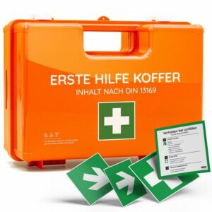 FLEXEO Erste-Hilfe-Koffer Erste-Hilfe-Koffer Inhalt nach DIN 13169, orange, inkl. Wandhalterung