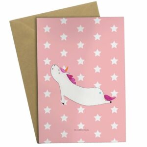 Mr. & Mrs. Panda Grußkarte Einhorn Yoga - Rot Pastell - Geschenk, Klappkarte, Unicorn, Geburtsta