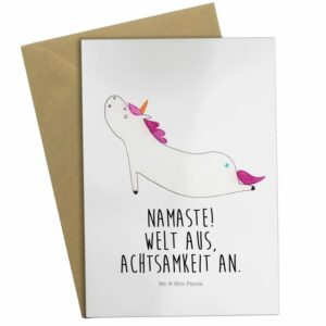 Mr. & Mrs. Panda Grußkarte Einhorn Yoga - Weiß - Geschenk, Namaste, Karte, Einladungskarte, Klap