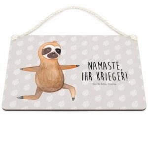 Mr. & Mrs. Panda Hinweisschild Faultier Yoga - Grau Pastell - Geschenk, Lieblingstier, Schild, Holz, (1 St)
