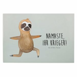 Mr. & Mrs. Panda Servierbrett Faultier Yoga - Grau Pastell - Geschenk, Yogaübungen, Faultier Gesch, Premium Glas, (1-St)