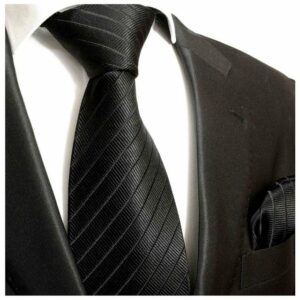 Paul Malone Krawatte Herren Seidenkrawatte Schlips mit Tuch modern uni gestreift 100% Seide (Set, 2-St., Krawatte mit Einstecktuch) Breit (8cm), schwarz 475