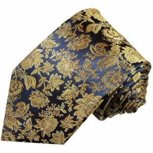 Paul Malone Krawatte Herren Seidenkrawatte Schlips modern floral 100% Seide Schmal (6cm), dunkelblau gold braun 683