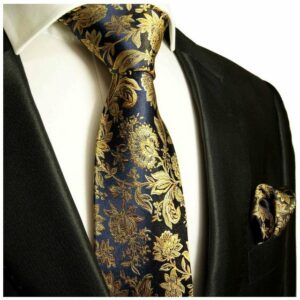Paul Malone Krawatte Herren Seidenkrawatte mit Tuch modern floral 100% Seide (Set, 2-St., Krawatte mit Einstecktuch) Schmal (6cm), dunkelblau gold braun 683