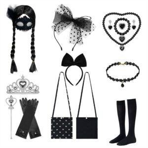 Wednesday Addams Cosplay For Girls Accessories Gloves Crown Wand Jewelry Set Wig Braid for Princess Clothing Dress Up Accessory