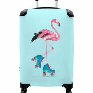 NoBoringSuitcases.com© Kinderkoffer 55x35x20cm Flamingo - Rollschuhe - Blau - Rosa, 4 Rollen, Koffer mit 4 rollen, Kindertrolley, Reisekoffer für Mädchen