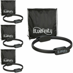 4 x Pilates Ring mit Übungen, Doppelgriff, gepolstert, Widerstandsring Yoga, Fiberglas, Sportring, Ring ø 37 cm, schwarz