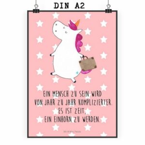 Mr. & Mrs. Panda Poster DIN A2 Einhorn Koffer - Rot Pastell - Geschenk, Wanddeko, unicorn, Ku, Einhorn Koffer (1 St)