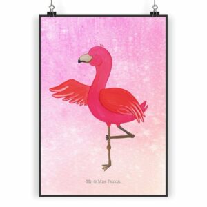 Mr. & Mrs. Panda Poster DIN A5 Flamingo Yoga - Aquarell Pink - Geschenk, Wanddekoration, Yogi, Flamingo Yoga (1 St)