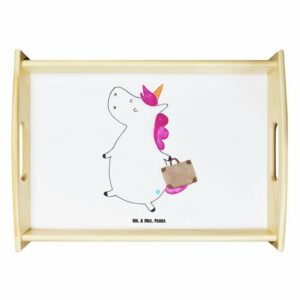Mr. & Mrs. Panda Tablett Einhorn Koffer - Weiß - Geschenk, Erwachsen, Tablett, Küchentablett, Echtholz lasiert, (1-tlg)
