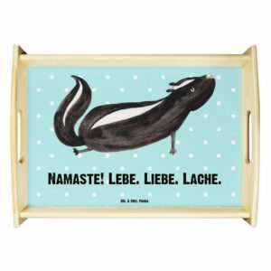 Mr. & Mrs. Panda Tablett Stinktier Yoga - Türkis Pastell - Geschenk, Namaste, Lache, Tablett, Echtholz lasiert, (1-tlg)