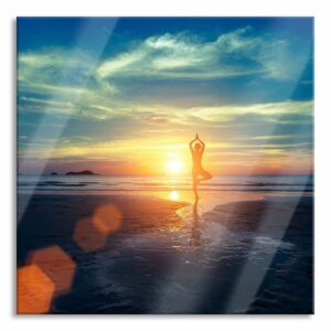 Pixxprint Glasbild Yoga Silhouette am Strand, Yoga Silhouette am Strand (1 St), Glasbild aus Echtglas, inkl. Aufhängungen und Abstandshalter