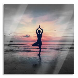 Pixxprint Glasbild Yoga am Strand, Yoga am Strand (1 St), Glasbild aus Echtglas, inkl. Aufhängungen und Abstandshalter