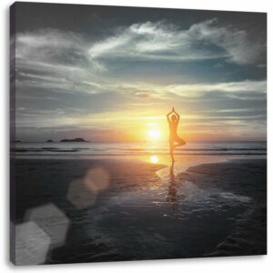 Pixxprint Leinwandbild Yoga Silhouette am Strand, Yoga Silhouette am Strand (1 St), Leinwandbild fertig bespannt, inkl. Zackenaufhänger