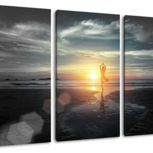 Pixxprint Leinwandbild Yoga Silhouette am Strand, Yoga Silhouette am Strand 3Teiler (120x80cm) (1 St), Leinwandbild fertig bespannt, inkl. Zackenaufhänger