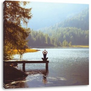 Pixxprint Leinwandbild Yoga am See, Yoga am See (1 St), Leinwandbild fertig bespannt, inkl. Zackenaufhänger