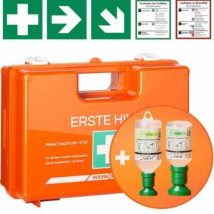 Werkstein Erste-Hilfe-Koffer + Augenspülflasche 200ml & 500ml, Wandhalterung, 5x Aufkleber & Plombe, Mit Inhalt nach DIN 13157:2021