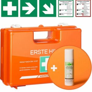 Werkstein Erste-Hilfe-Koffer inkl. 50ml Wund- und Augenspray, Wandhalterung, 5x Aufkleber & Plombe, Mit Inhalt nach DIN 13157:2021