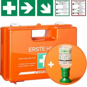 Werkstein Erste-Hilfe-Koffer inkl. Augenspülflasche 200ml, Wandhalterung, 5x Aufkleber & Plombe, Mit Inhalt nach DIN 13157:2021