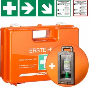 Werkstein Erste-Hilfe-Koffer inkl. Ibox 1 mit Augenspülflasche 500ml, Wandhalterung, 5x Aufkleber, Mit Inhalt nach DIN 13157:2021