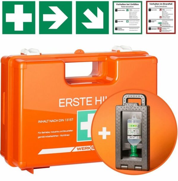 Werkstein Erste-Hilfe-Koffer inkl. Ibox 1 mit Augenspülflasche 500ml, Wandhalterung, 5x Aufkleber, Mit Inhalt nach DIN 13157:2021