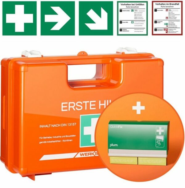 Werkstein Erste-Hilfe-Koffer mit Pflasterspender, praktischer Wandhalterung, 5x Aufkleber & Plombe, Mit Inhalt nach DIN 13157:2021