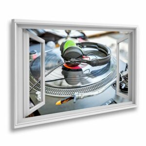 islandburner Leinwandbild Fensterblick DJ Mixer und Vinyl Spieler mit Kopfhörern im Club Sagenha