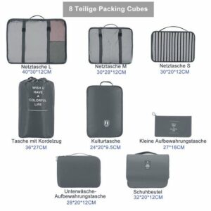 CALIYO Kofferorganizer 8 Teilige Packing Cubes,Koffer Organizer für Urlaub und Reisen, Kleidertaschen,Packwürfel Set Reise Würfel, Ordnungssystem, für Koffer