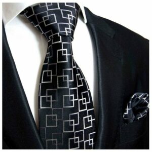 Paul Malone Krawatte Herren Seidenkrawatte mit Tuch modern kariert 100% Seide (Set, 2-St., Krawatte mit Einstecktuch) Schmal (6cm), schwarz 641
