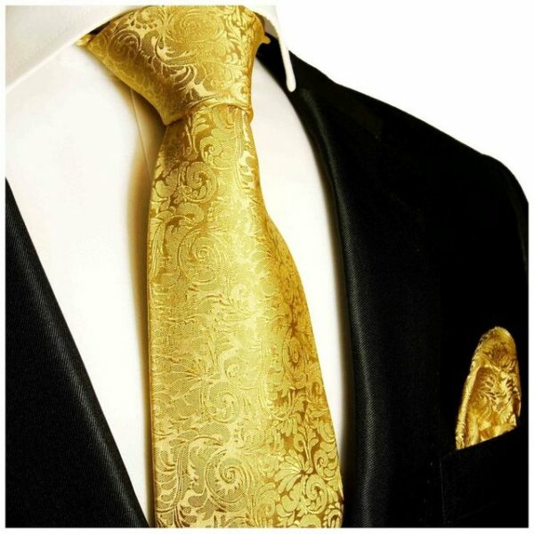 Paul Malone Krawatte Herren Seidenkrawatte und Tuch elegant barock 100% Seide (Set, 2-St., Krawatte mit Einstecktuch) Schmal (6cm), gold 902