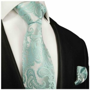 Paul Malone Krawatte Hochzeit Seidenkrawatte und Tuch paisley brokat 100% Seide (Set, 2-St., Krawatte mit Einstecktuch) Schmal (6cm), hell türkis 989