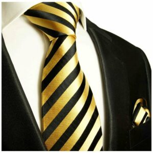 Paul Malone Krawatte Moderne Herren Seidenkrawatte und Tuch gestreift 100% Seide (Set, 2-St., Krawatte mit Einstecktuch) Schmal (6cm), gold schwarz 830