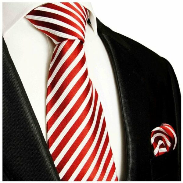 Paul Malone Krawatte Moderne Herren Seidenkrawatte und Tuch gestreift 100% Seide (Set, 2-St., Krawatte mit Einstecktuch) Schmal (6cm), rot weiß 852