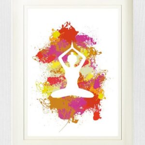 1art1 Bild mit Rahmen Silhouetten - Yoga Lotos Pose, Farbkleckse
