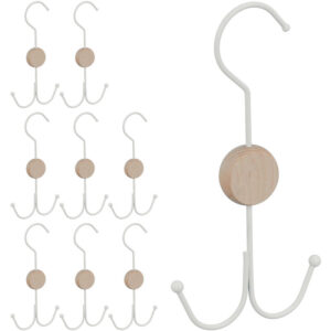 9 x Gürtelhalter, je 2 Haken für Gürtel, Taschen, Krawatten, Gürtel Organizer Schrank, Metall & Holz, Gürtelbügel, weiß
