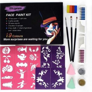 Diyarts Schminkstift (umfangreiches und sicheres Face-Painting-Kit, 19-tlg), 19 lebendige Farben, funkelnder Glitzer, wiederverwendbare Schablonen