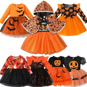 Halloween Infant Girls Cosplay Pumpkin Costume Kids Tutu Dress Baby Girl Long Sleeve Mesh Party Dresses Children Pumpkin Clothes
