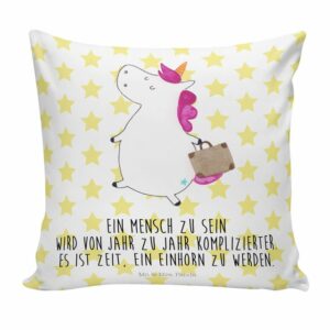 Mr. & Mrs. Panda Dekokissen Einhorn Koffer - Weiß - Geschenk, Sofakissen, Einhorn Deko, Unicorn
