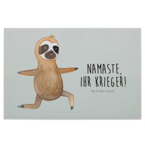Mr. & Mrs. Panda Servierbrett Faultier Yoga - Grau Pastell - Geschenk, Krieger, Glasschneidebrett, Premium Glas, (1-St)