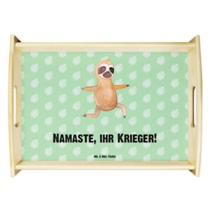 Mr. & Mrs. Panda Tablett Faultier Yoga - Tropengrün - Geschenk, Holztablett, Namaste, Faultie, Echtholz lasiert, (1-tlg)