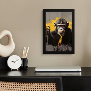 MuchoWow Poster Affe - Schimpanse - Banane - Gelb - Tiere - Krawatte, (1 St), Gerahmtes Poster, Wanddeko, Bilder, Wandposter, Schwarzem Bilderrahmen