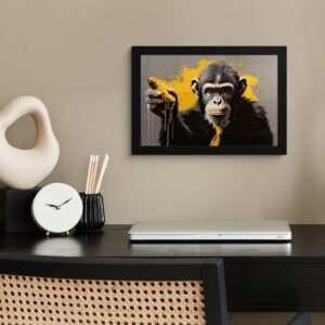 MuchoWow Poster Affe - Schimpanse - Banane - Gelb - Tiere - Krawatte, (1 St), Gerahmtes Poster, Wanddeko, Bilder, Wandposter, Schwarzem Bilderrahmen